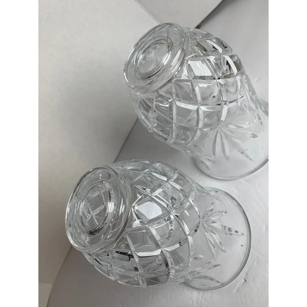 Vintage Clear‎ Cut Glass Hurricane Candle Shades Diamond Leaf Pattern Set of 2
